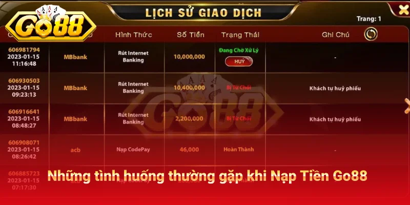 Những tình huống thường gặp khi Nạp Tiền Go88